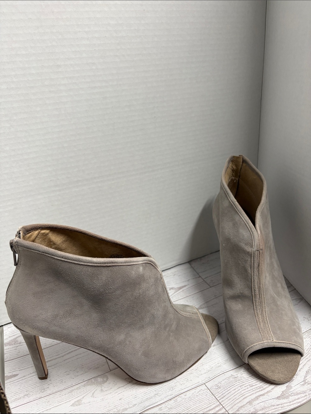G.I.L.I. Taupe Suede Peep-Toe Ankle Booties